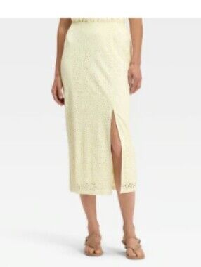 A New Day Woman's  Lace Column A-line Midi Skirt Features Side Slit ~ Cream